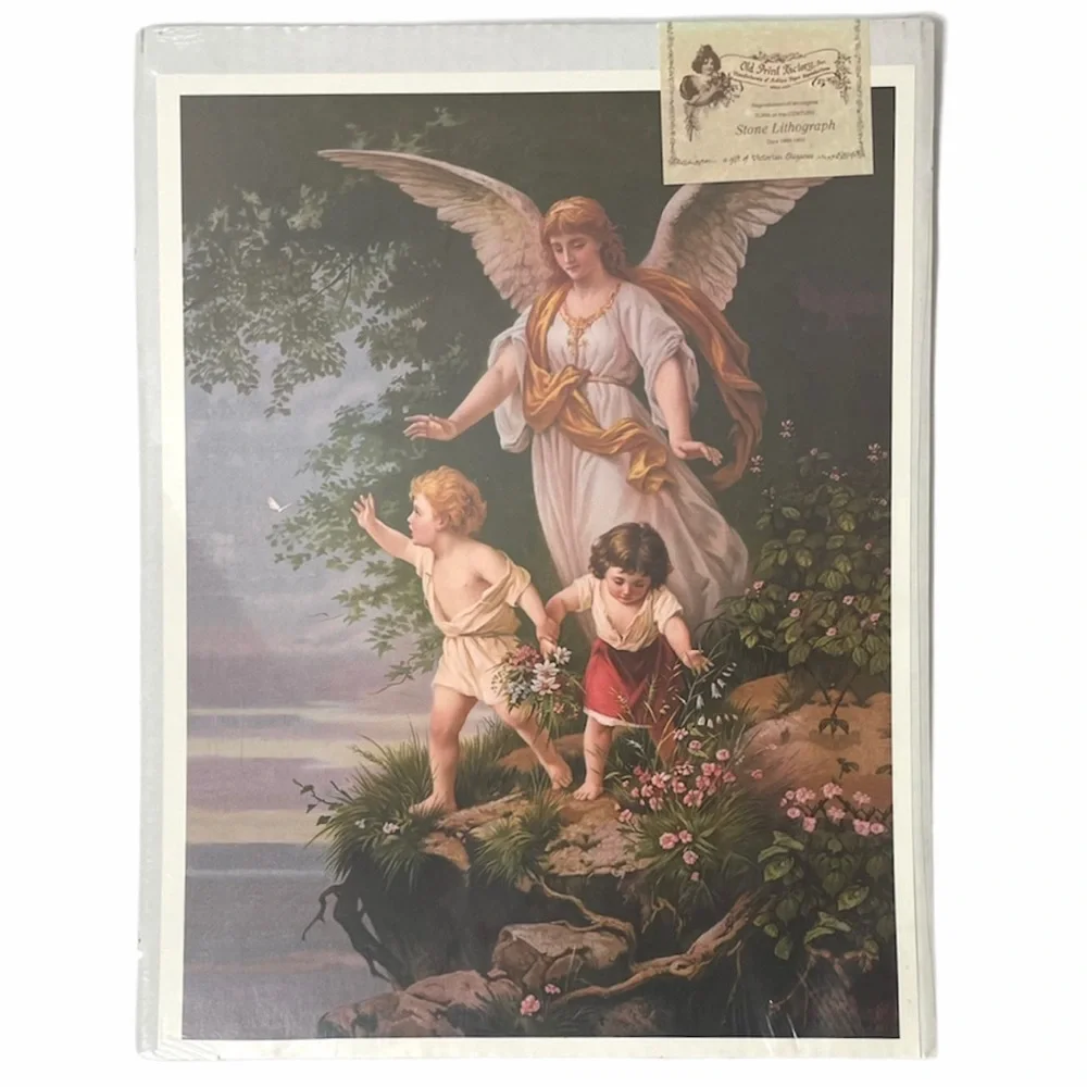 Vintage Picture Guardian Angel Victorian Lithograph Old Print Factory Art USA